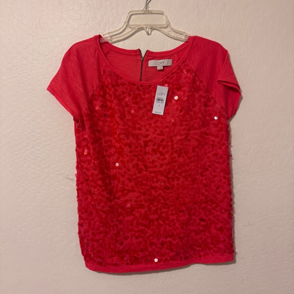LOFT Vibrant Red Short Sleeve Sequin Tee